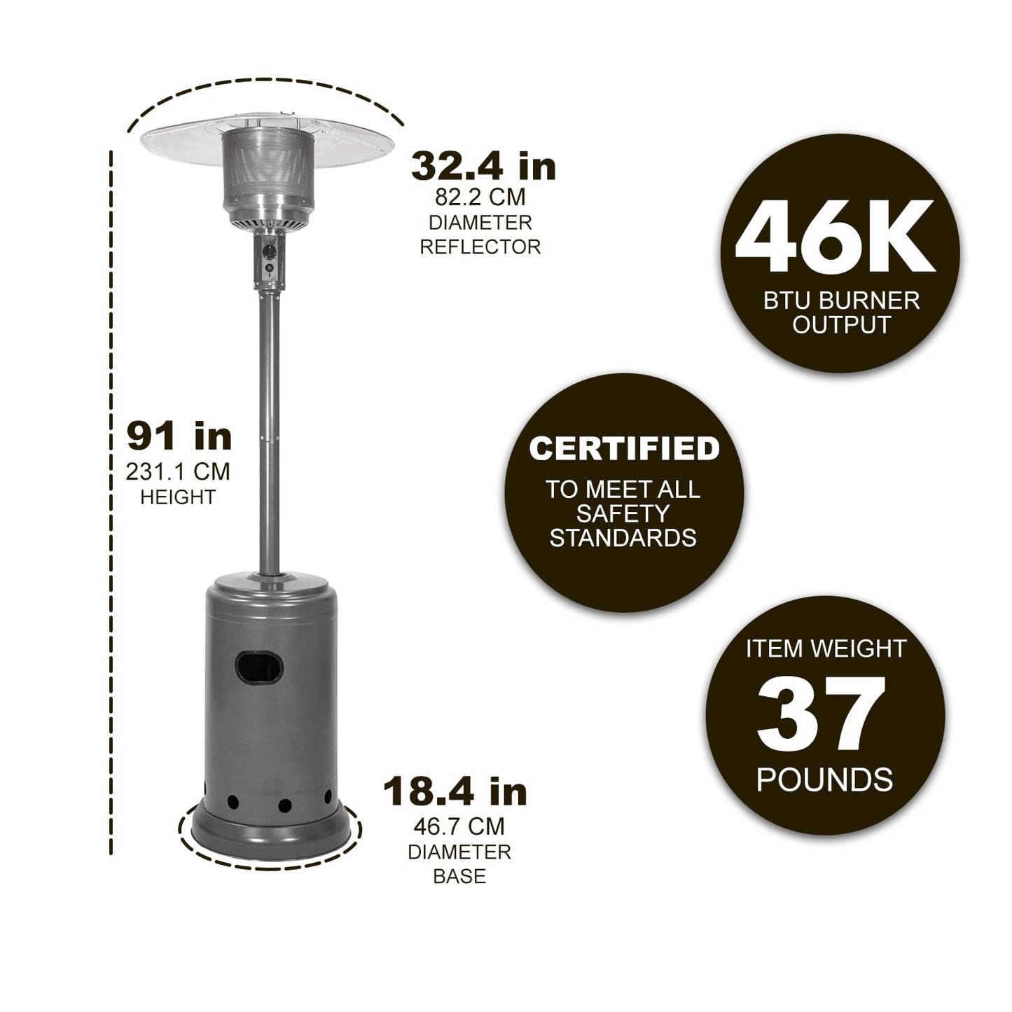 Amazon Basics 46,000 BTU Portable Outdoor Propane Patio Heater with Wheels, Commercial & Residential with Water Tank, Adjustable Heat Output, 9-Foot Radius, Slate Gray, 32.1"L x 32.1"W x 91.3"H
