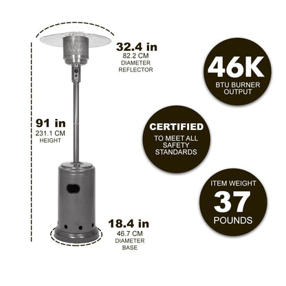 Amazon Basics 46,000 BTU Portable Outdoor Propane Patio Heater with Wheels, Commercial & Residential with Water Tank, Adjustable Heat Output, 9-Foot Radius, Slate Gray, 32.1"L x 32.1"W x 91.3"H