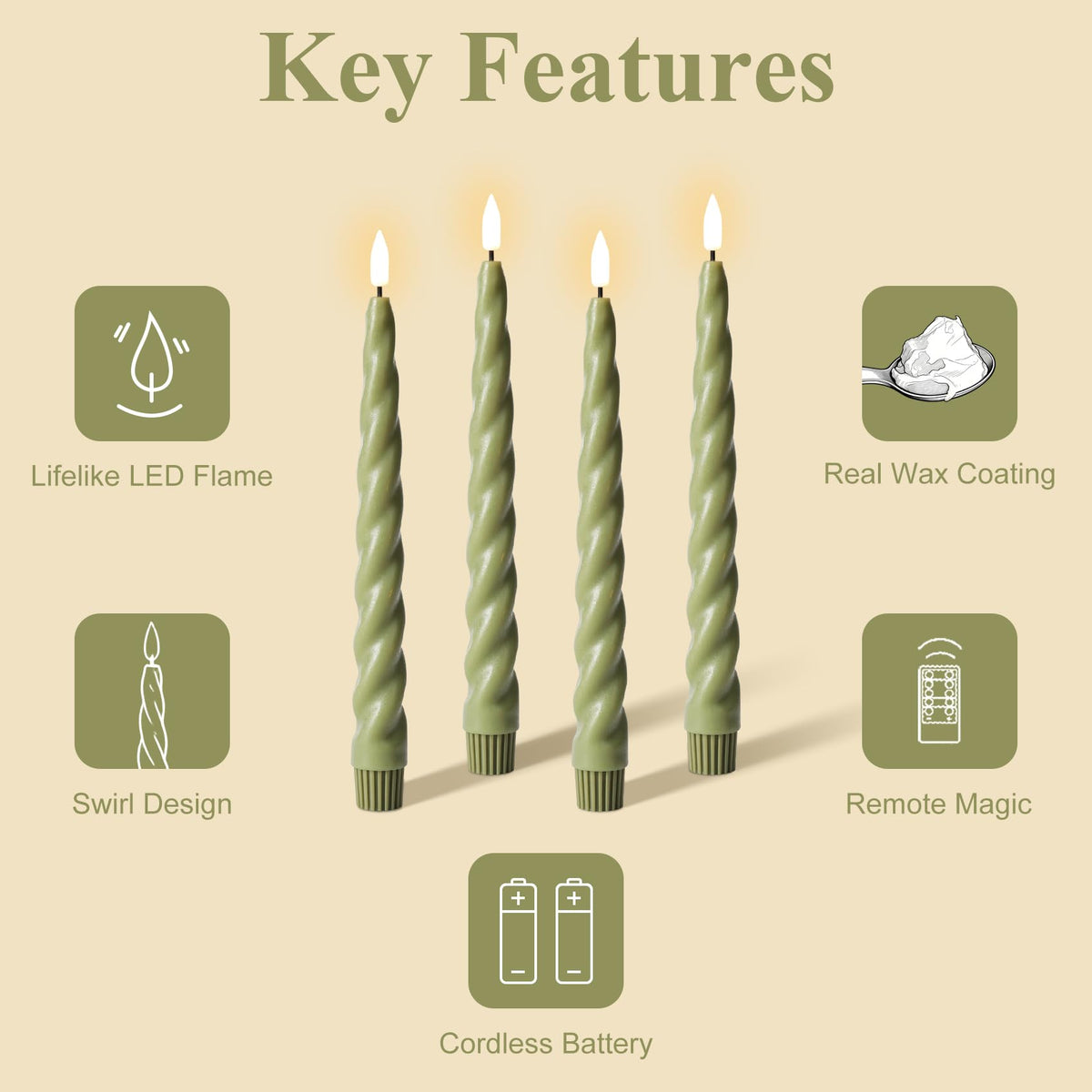 Girimax Sage Green Flameless Taper Candles with Remote, Flickering Spiral Battery LED Candlesticks Home Decor Set of 6