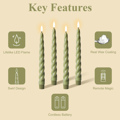 Girimax Sage Green Flameless Taper Candles with Remote, Flickering Spiral Battery LED Candlesticks Home Decor Set of 6