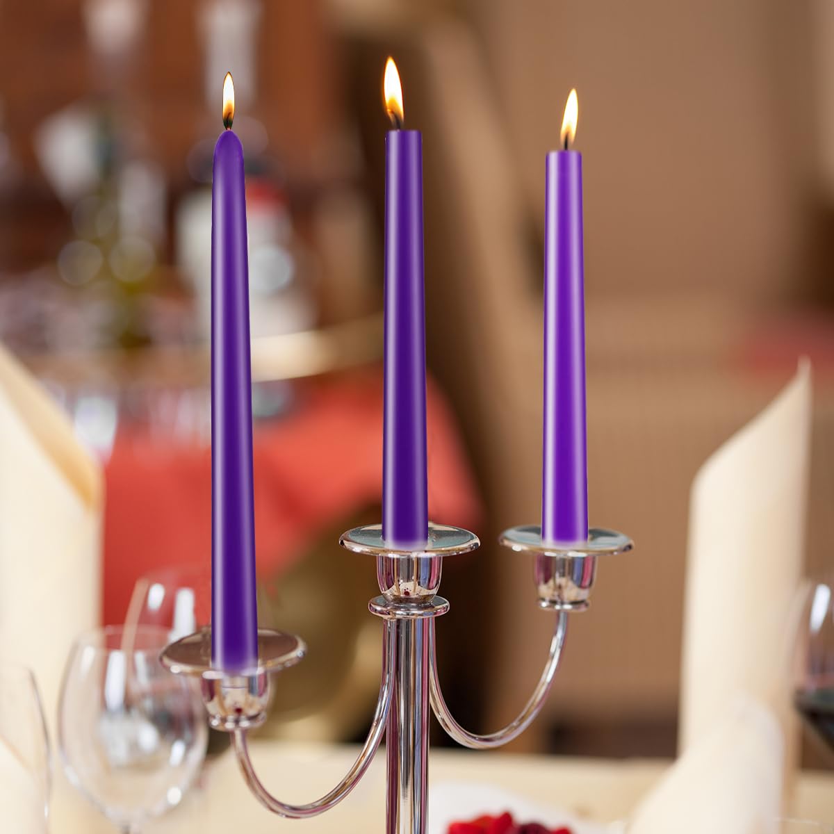 Taper Candles 10 inch (H) Dripless, Set of 20 Purple Unscented and Smokeless Taper Candles Long Burning, Paraffin Wax with Cotton Wicks for Burning 8 Hours Time