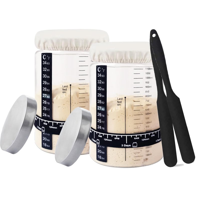 Sourdough Starter Kit -40oz Thick Glass Sourdough Starter Jar Sour Dough Container for Bread Baking Includes Guide Sourdough Container Perfect Sourdough Bread Baking Gift for Home Bakers (2-pack)
