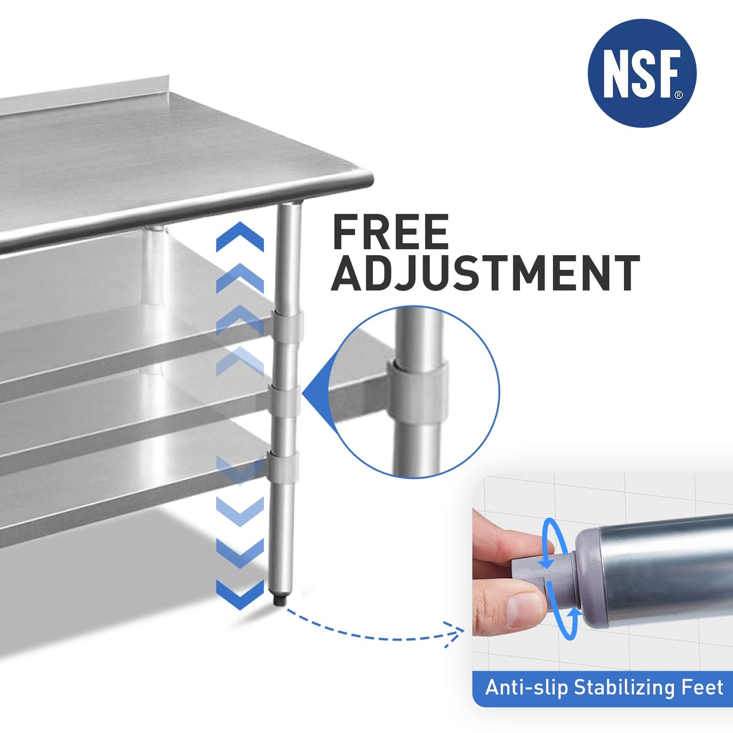 ROCKPOINT Stainless Steel Table for Prep & Work with Backsplash 24x60 Inches, NSF Metal Commercial Kitchen Heavy Duty Table with Adjustable Under Shelf and Table Foot for Restaurant, Home and Hotel