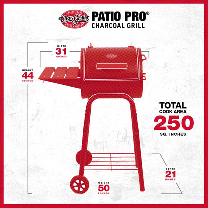 Char-Griller® Patio Pro Charcoal Grill and Smoker with Cast Iron Grates, Premium Metal Shelf and Damper Control, 250 Cooking Square Inches in Black, Model 1616