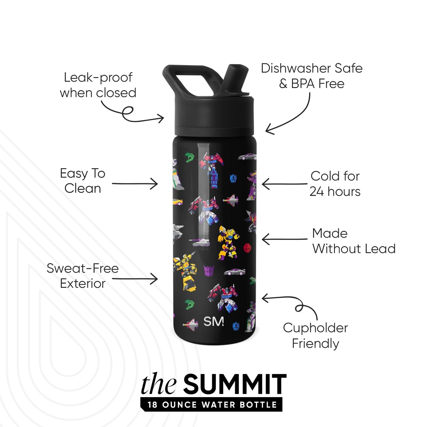 Simple Modern Kids Summit Water Bottle with Straw Lid | Transformers 18oz Stainless Steel Cup Insulated Tumbler for Boys, School | Transformer Block Nation