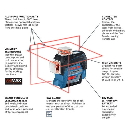 BOSCH GLL3-330C 200 Ft 12V Max Connected 360 Degree Three-Plane Leveling and Alignment-Line Laser, Includes 2.0 Ah 12V Max Lithium-Ion Battery & Charger, Heavy-Duty Pouch, & Accessories