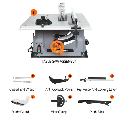 Prostormer 10 Inch Table Saw with Stand, 15A 5000RPM Portable Benchtop Saw, 45°Bevel Cutting Tabletop Saw for Woodworking