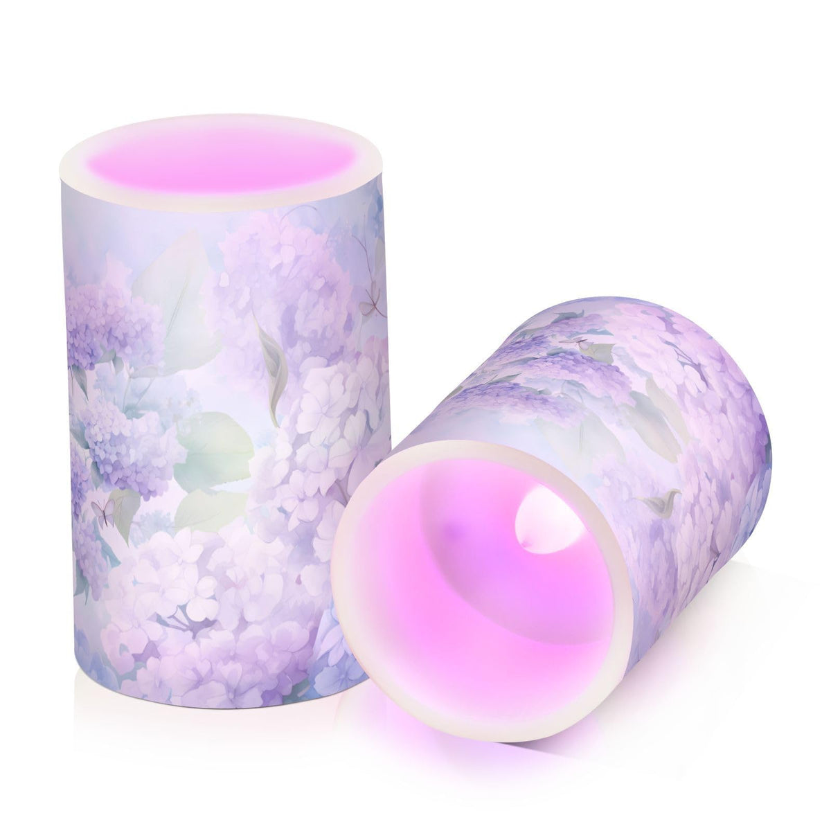 ALAZA Blue Hydrangea Flowers with Butterflies Flickering Flameless Candles Battery Operated with Remote Timer,Tea Light Candles LED Pillar Votive Candles Set of 2 for Outdoor Indoor Decorations