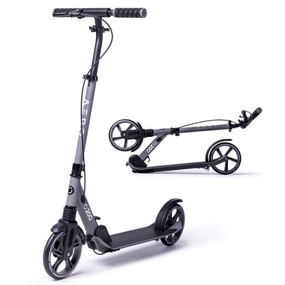 Aero Big Wheels Kick Scooter for Kids 8-12, Teens & Adults | Hand Brake, Rubber Deck Mat & Shock Absorption | Foldable & Height Adjustable, 220lbs Max