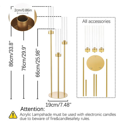 Vincidern 10pcs 3 Arm Candelabra, Gold Candle Holder Centerpieces for Table, 33.8'' Tall Candelabra with Acrylic Lampshade for Wedding Table Centerpiece, Birthday Party, Events Fit LED Taper Candles