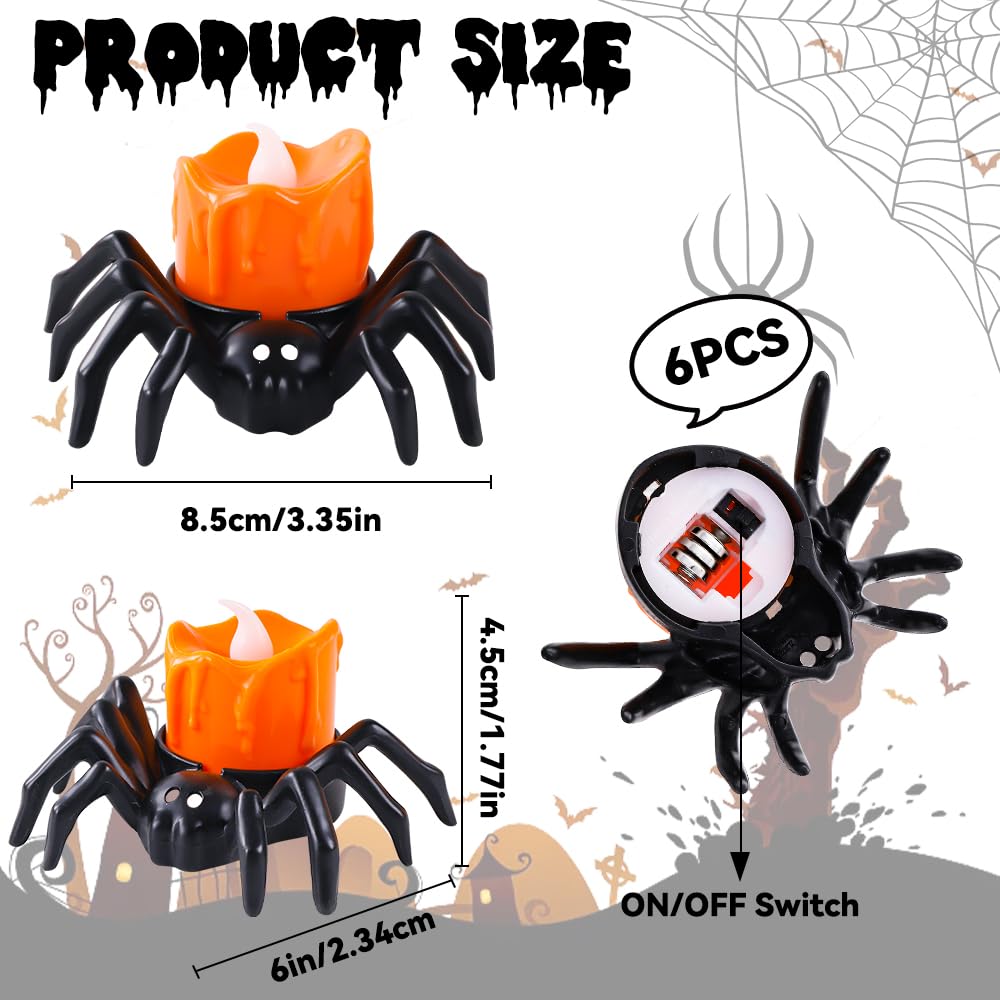 Vellibring 6PCS Halloween Spider Tea Lights Decoration, Halloween Flameless LED Candle Holder Lights Battery Operated for Halloween Party Table Home Spooky Decor (Orange)
