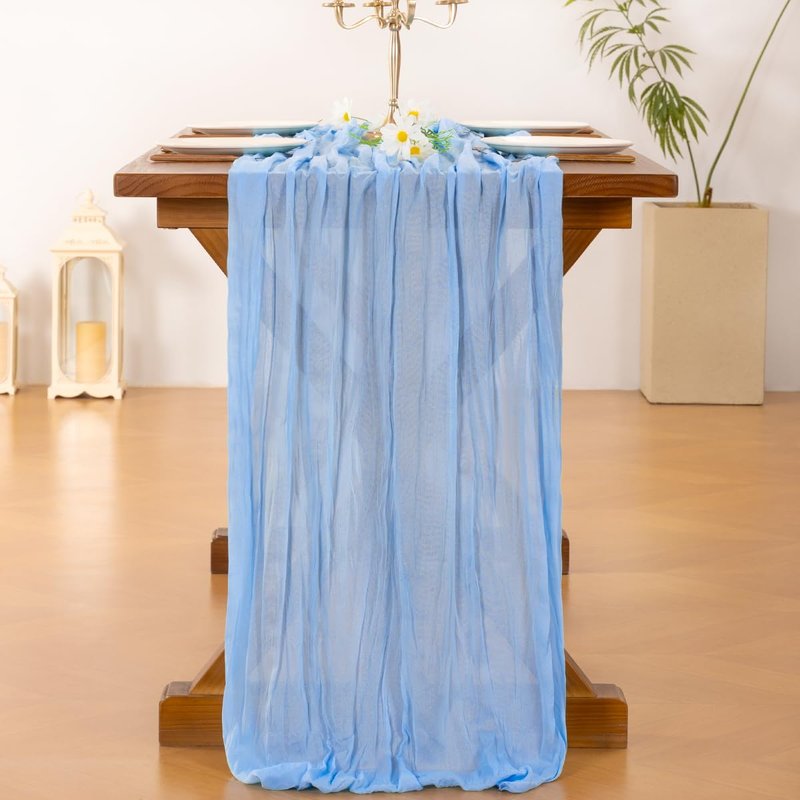Socomi 6pcs Blue Summer Cheesecloth Table Runner Boho Rustic Gauze 120 inch 10FT Cheese Cloth Sheer Runner for Wedding Party Baby Shower Birthday Home Decor Holiday Decorations