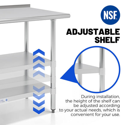 Hally 24 x 36 Inch Stainless Steel Prep Table with Backsplash, NSF Certified, 2 Adjustable Undershelves and Removable Hook for Kitchen, Restaurant, Garage