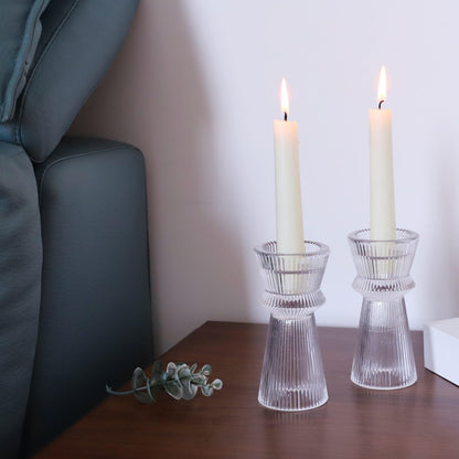 VOHO Clear Ribbed Taper Candle Holders Set of 3, Minimalist Style Glass Candle Holder for Candlesticks and Tealight Candles, Classy Candlestick Holders for Bridal Shower Wedding Decor/Birthday/Holiday