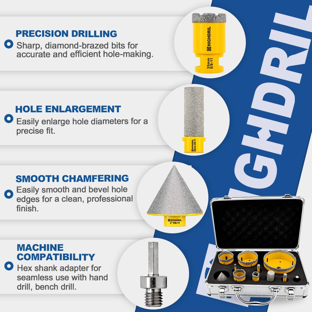 HIGHDRIL Diamond Drill Bits Kit with 5/8-11 for Porcelain Tile Ceramic Marble Brick Concrete Vacuum Brazed Hole Saw(6/8/10/20/35/50/65/100mm+50mm Chamfer Bit+20mm Finger Bit+Adapter)