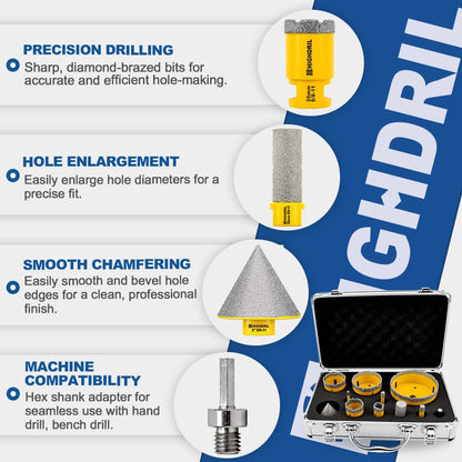 HIGHDRIL Diamond Drill Bits Kit with 5/8-11 for Porcelain Tile Ceramic Marble Brick Concrete Vacuum Brazed Hole Saw(6/8/10/20/35/50/65/100mm+50mm Chamfer Bit+20mm Finger Bit+Adapter)