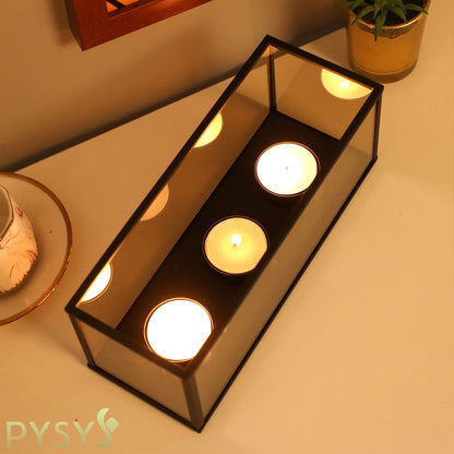 Black Metal Glass Frame Candle Holder with 3 Round Tealight Bases，Long Glass Tea Light Candle Holder Centerpiece Box, 8.5 x 3.15 x 3.15in (3 Candle Cup Bases)