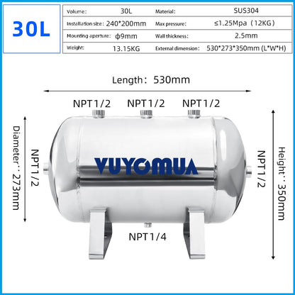 VUYOMUA 7.9Gallon 304 Stainless Steel High Pressure Mini Small Portable Air Tank Air Reservoir Water Storage Tank(30L-SG)