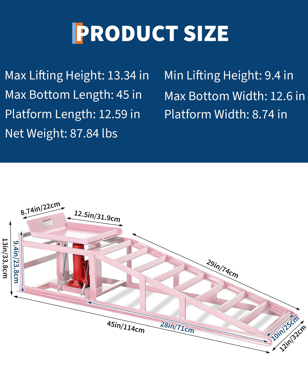 Hydraulic Car Ramps 2 Pack, 11000 LBS/5T Heavy Duty Steel Auto Service Ramps, Repair & Maintenance, 9.4"-13.34" High Lift for Truck, Vehicle, SUV, Garage, Oil Changes, Pink