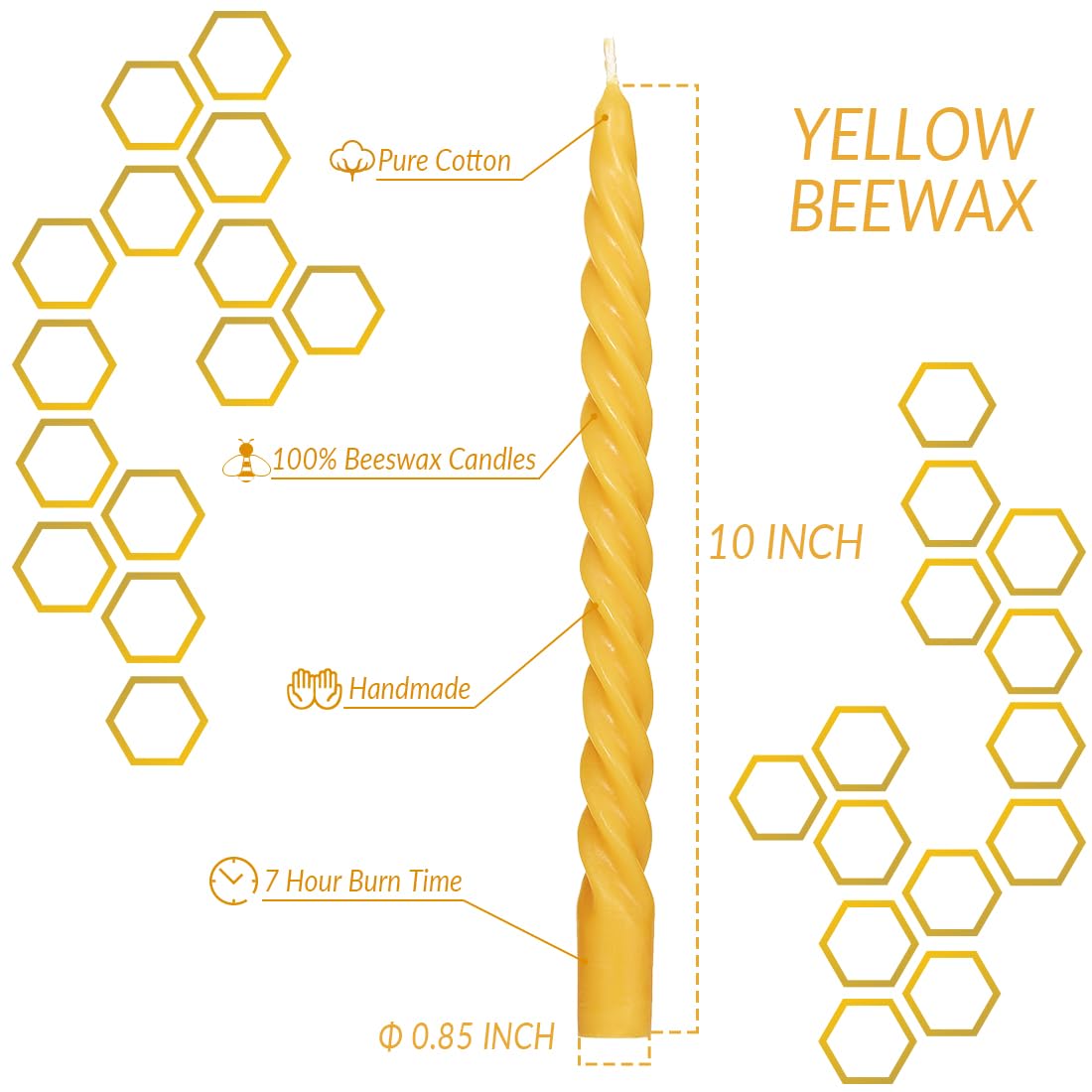 Beeswax Taper Candles Set of 4, Spiral Taper Candle Sticks Dripless Long Candle Sticks for Dinner Wedding Party Christmas Home Decorations - 10 Inch Tall - Yellow