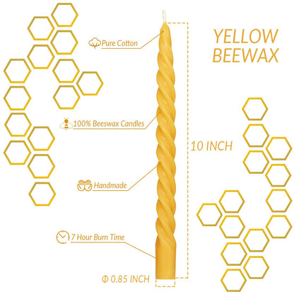 Beeswax Taper Candles Set of 4, Spiral Taper Candle Sticks Dripless Long Candle Sticks for Dinner Wedding Party Christmas Home Decorations - 10 Inch Tall - Yellow