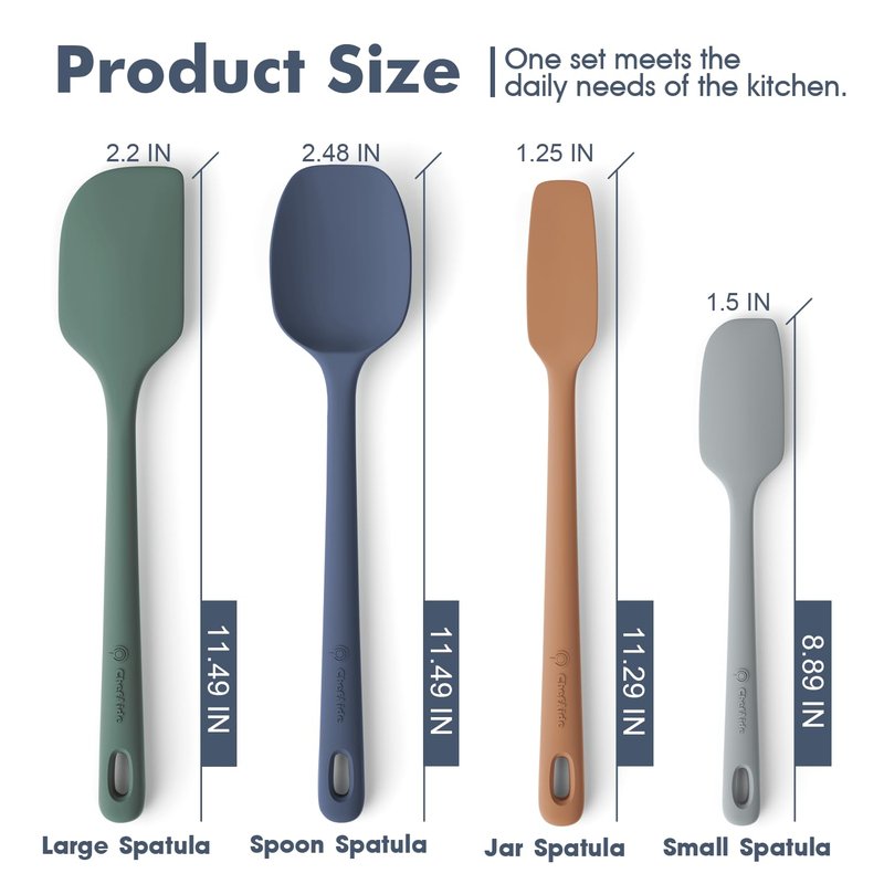 ChefAide 4 Pieces Silicone Spatula Set, Food Grade Rubber Spatula, Upgrade Strong Handle with Ergonomic Grip, Heat Resistant for Nonstick Cookware, Cooking