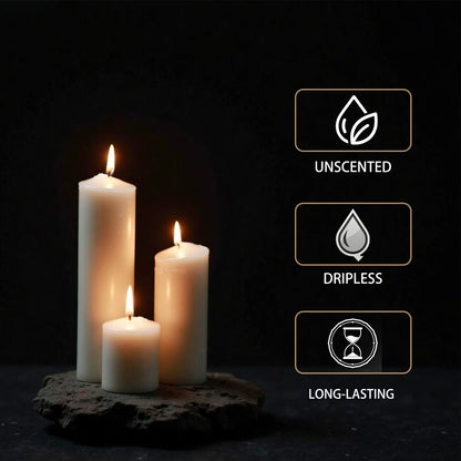 Mavelune Set of 36 White Pillar Candles - 2x3, 6, 8 Inch Unscented Dripless Smokeless Candles, Long Lasting Bulk Candles for Wedding, Party Centerpiece Decor