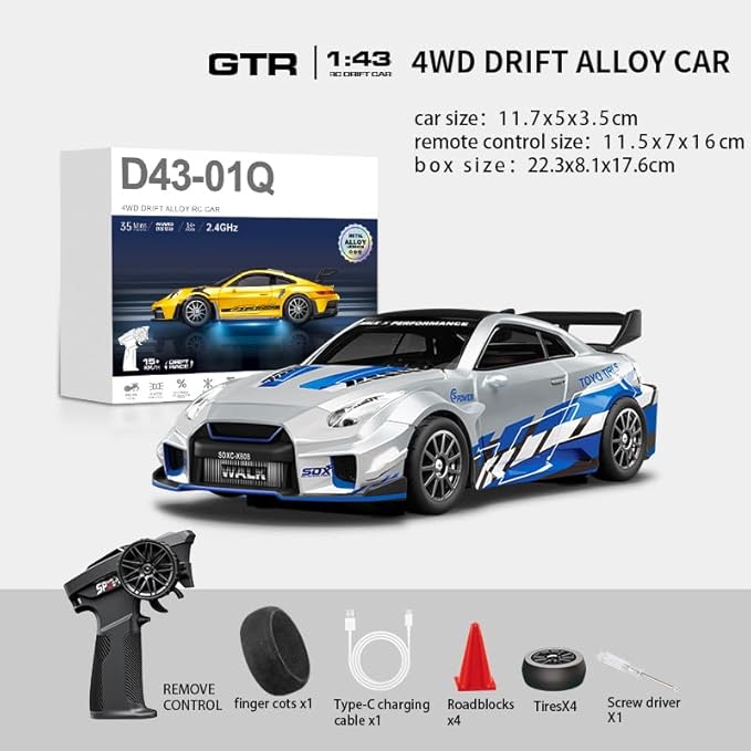 1/43 Scale RC Drift Car 2.4G Full Proportional 4WD Remote Control Car with Gyro Adjustable Speed &amp LED Lights Alloy RC Vehicle for Adult