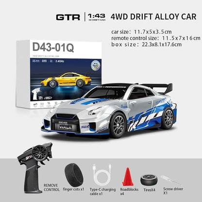 D43-02 1:43 Scale 2.4G Full Proportional 4WD Alloy RC Drift Car with Gyro System Silent Bearings Adjustable Speed &amp LED Lights for Adults High Speed Remote Control Racing Car