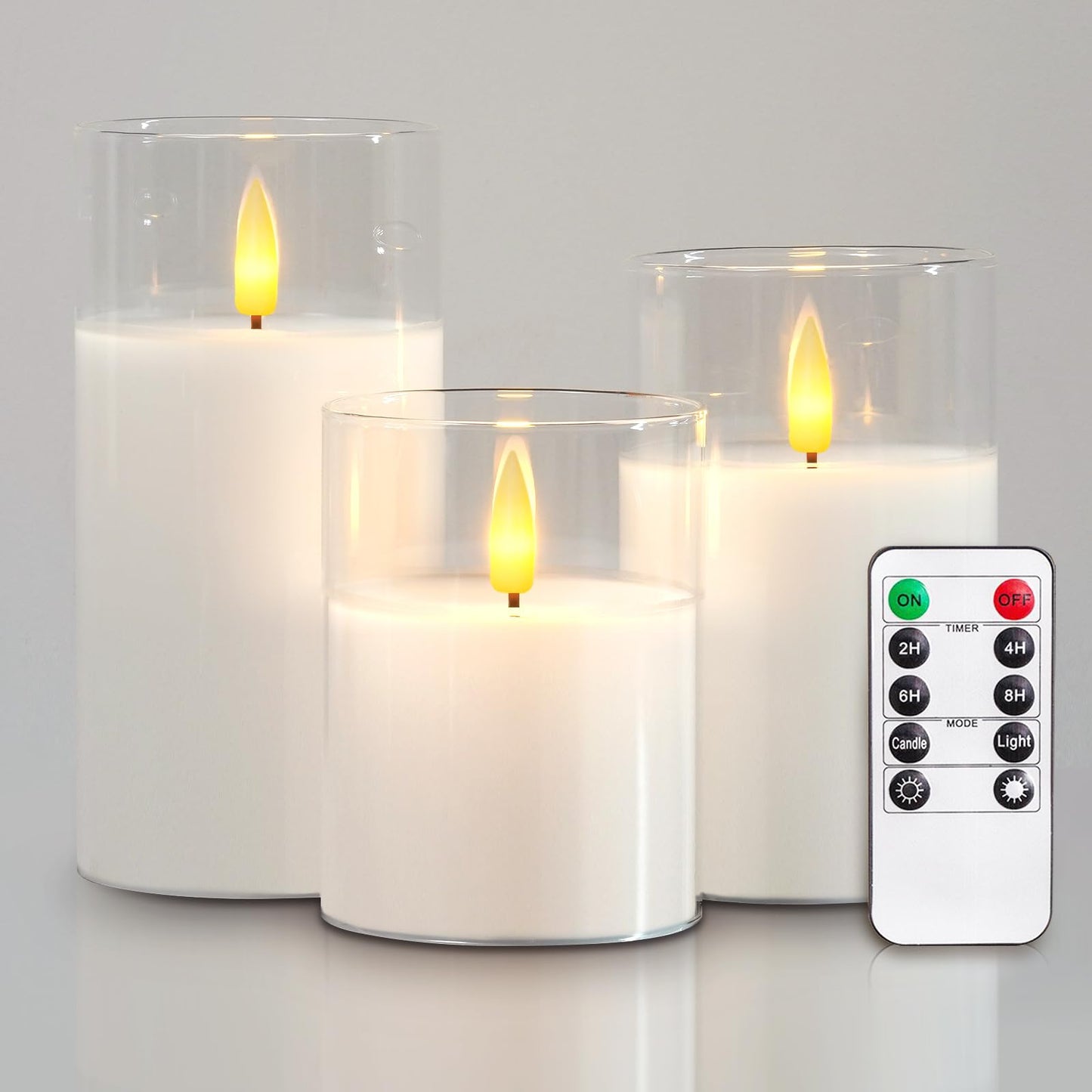 5plots Glass Battery Operated White Flameless Candles with Remote Timer, 3D Wick Real Wax Pillar Led Candles Warm Flickering Light for Indoor Home, Halloween, Christmas Decor, Set of 3, D3 x H4 5" 6"
