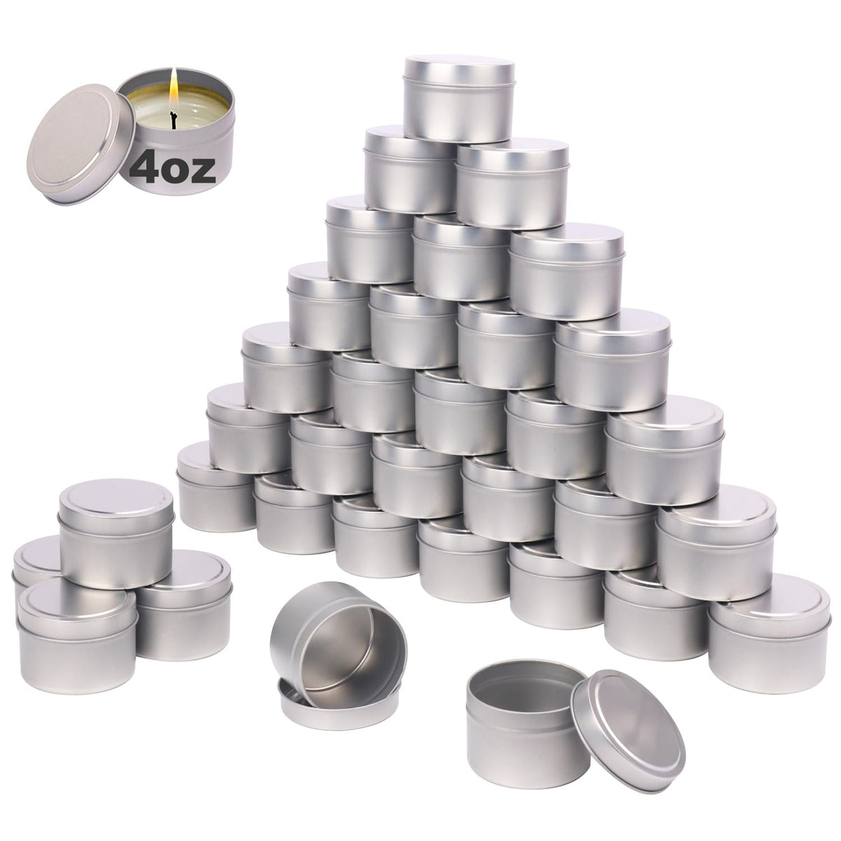 Biugaaufai 48 Pack 4 oz Sliver Metal Candle Tins with Lids, Round, Matte Finish, for DIY Candle Making and Storage