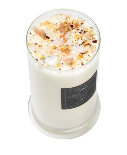 Good Vibes Only Candle by New Moon Beginnings - Negative Energy Cleansing - Soy Aromatherapy Candle - Handmade with Crystals & Herbs (21oz Round Glass)