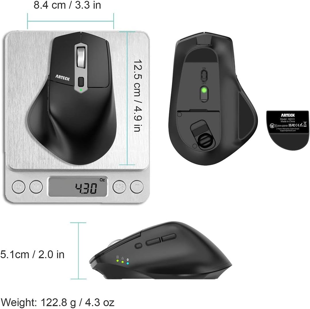 Arteck Multi-Device Wireless Bluetooth Mouse with Nano USB-A, USB-C Receiver Ergonomic Right Hand Silent Clicking Rechargeable Mouse for Computer Desktop PC Laptop Mac iPad and Windows 11/10 iPad OS