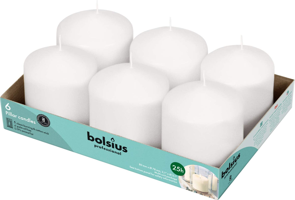 BOLSIUS 6 White Pillar Candles Bulk - 3x3 Inches Candle Set - 25+ Hours Clean Burning - No Palm Oil - 0% Animal Fat - Premium European Quality - Unscented Dripless Dinner Pillars