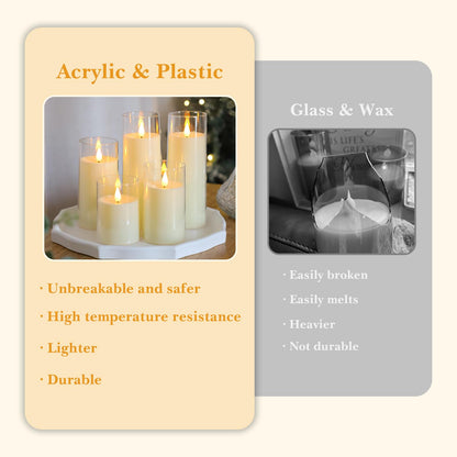 Fo32won Ivory White LED Flameless Pillar Candles Battery Operated with Remote Timer, 5 Pack 3D Flickering Acrylic Candles for Home Living Room Bedroom Fireplace Wedding Party Holiday Decor & Gift