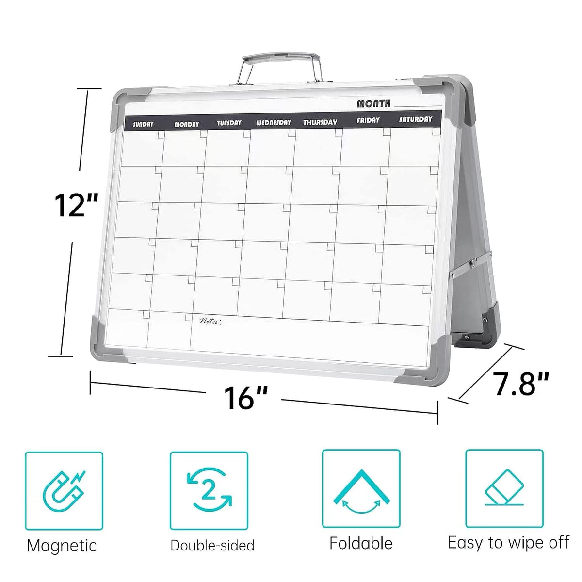 Magnetic Dry Erase Board with Calendar - Small Double Sided Whiteboard on Desktop with Monthly Schedule Planner, Portable Folding White Board on Table Top for Drawing, Teacher Students Classroom