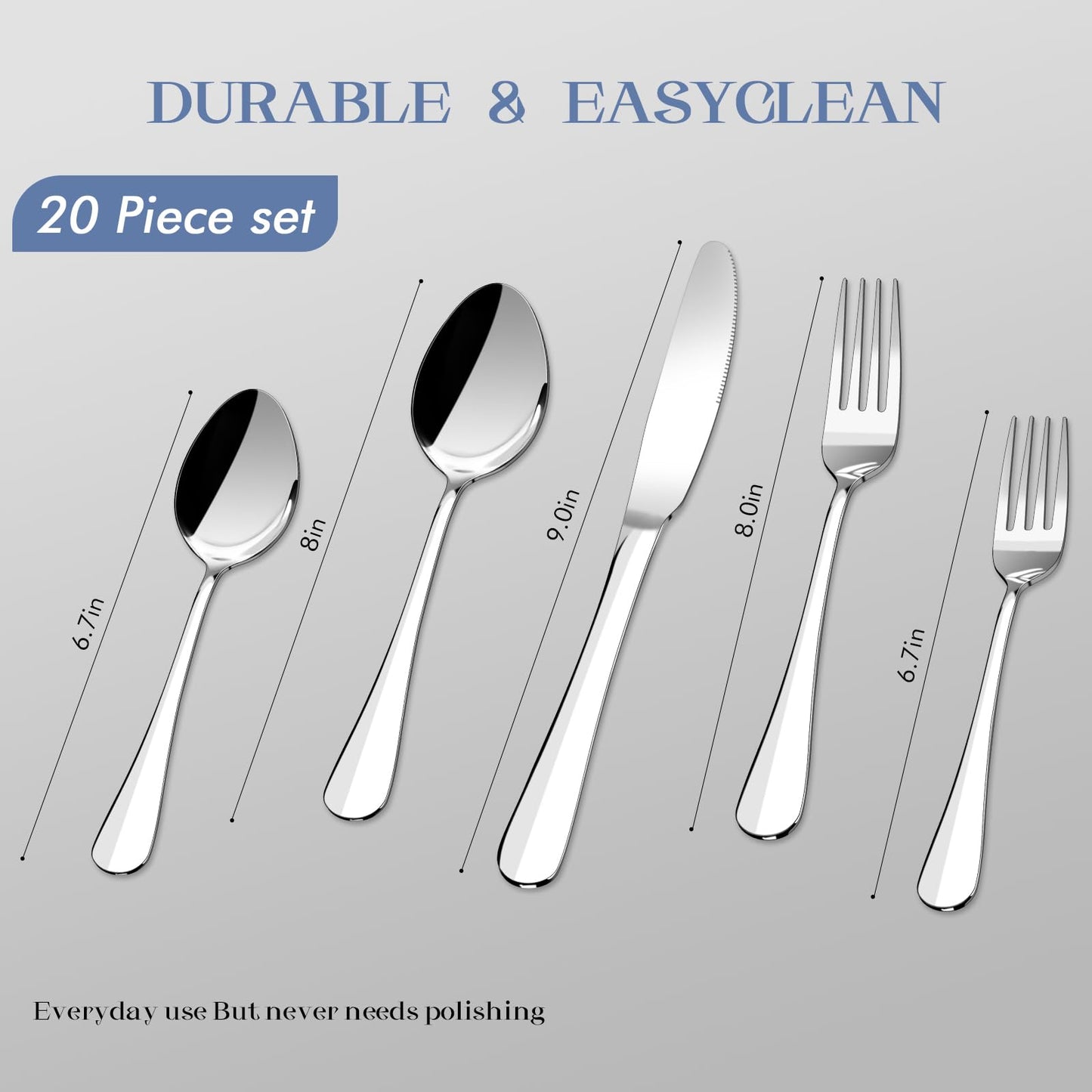 20 Piece Silverware Set,Stainless Steel Flatware Set for 4,Mirror Polished Modern Cutlery include Fork Knife Spoon Set,Dishwasher Safe for Home, Restaurant, Wedding, Party Cutlery