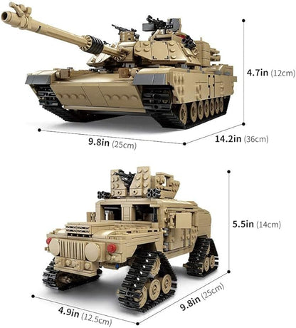 Feleph M1A2 Tank Set Military Model Kit 1:28 Scale WW2 Army Custom Vehicles Set 2-in-1 Tank Hummer Building Bricks Toys for Model Lovers (1463 Pieces)