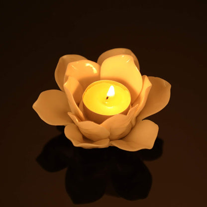 OwnMy 4.5 Inch Ceramic Lotus Flower Tea light Holder Lotus Petals Candle Holder Candlestick, Votive Flower Tealight Candle Holder Candle Lamps Holder with Gift Box for Home Decor Wedding Party (White)