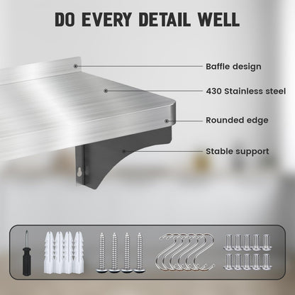 Commercial Stainless Steel Shelf 36" x 12" - 250lb Load Capacity, Heavy Duty Stainless Steel Wall Mounted Kitchen Shelf with Backsplash & 6 Hooks for Restaurant, Laundry