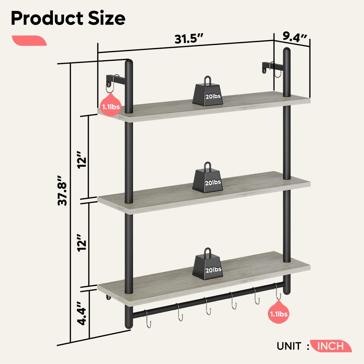 Bestier Floating Pipe Shelving Kitchen Shelves Wall Mounted 3 Tier Ladder Coffee Bar Shelf 3 Tier Bundle, Retro Grey