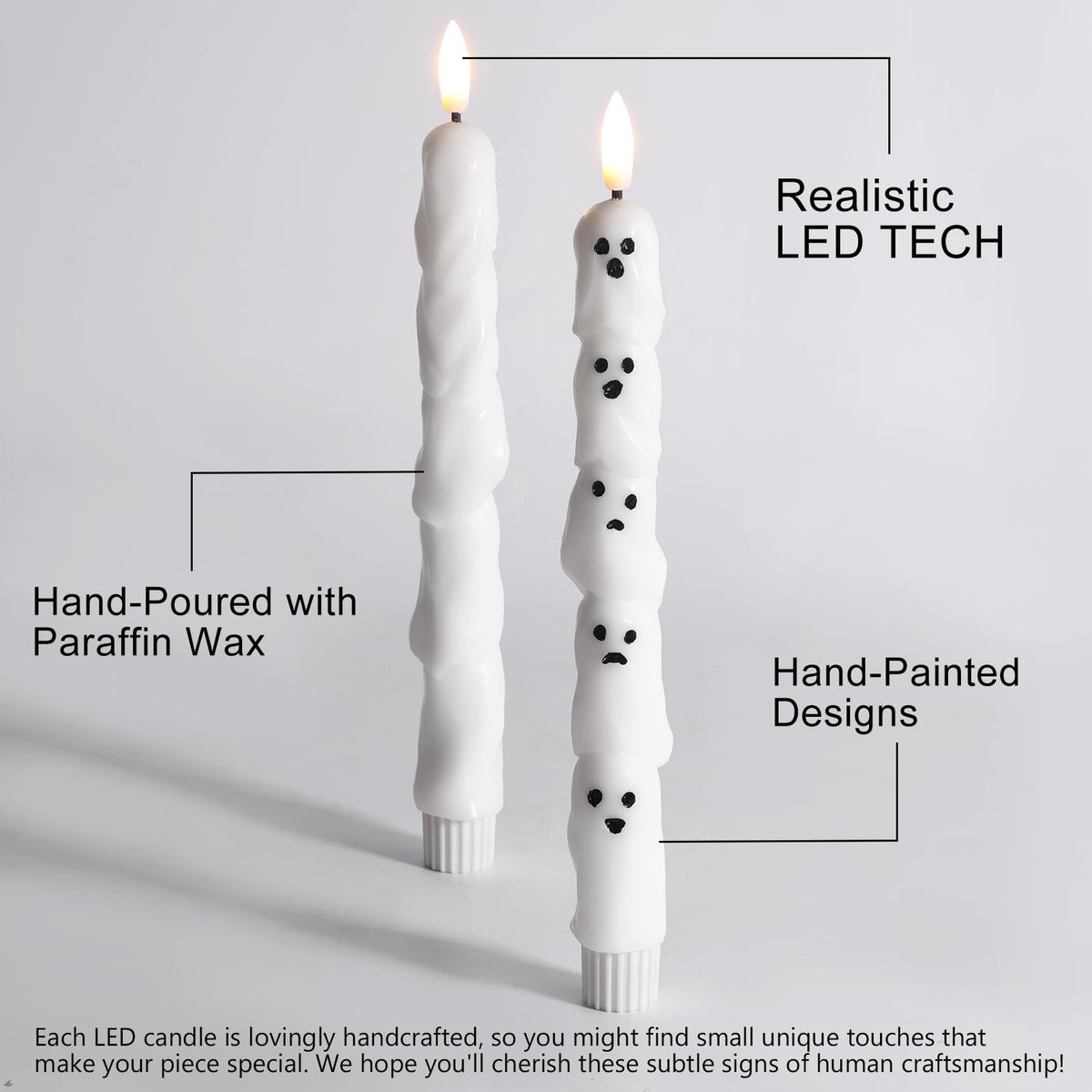 Eywamage Halloween Flameless Taper Candles with Remote, White Ghost LED Candlesticks Battery Operated Flickering Real Wax Set of 2