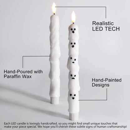 Eywamage Halloween Flameless Taper Candles with Remote, White Ghost LED Candlesticks Battery Operated Flickering Real Wax Set of 2