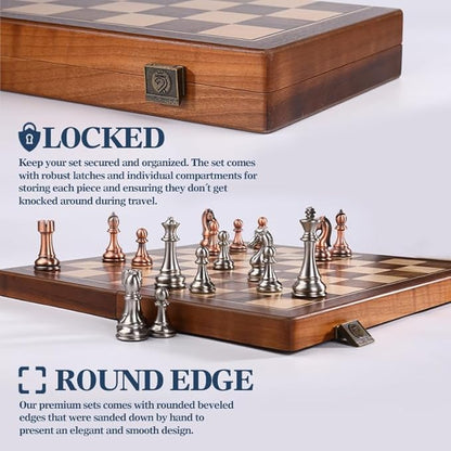 15 Inch Walnut Chess Board Set for Adults Kids Metal Chess Folding Portable Travel Chess Game for Tournament Professional Beginner with Manual
