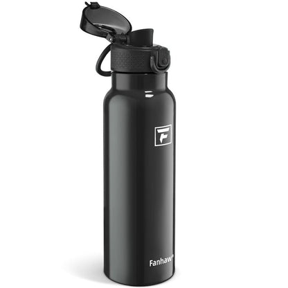 Fanhaw Daylite Series 24 oz Stainless Steel Insulated Water Bottle with Silicone Spout Lid, Double-Wall Vacuum Leakproof Metal Bottle, Anniversary Birthday Gift for Kids, Women & Men (Glossy Black)