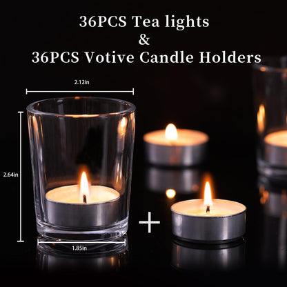36 Pack Clear Glass Tealight Candle Holders with 36 Tea Light Candles, 4.5-Hour Long Burning Votive Holders for Table Centerpiece, Wedding Decor, Proposal Party & Home Decor