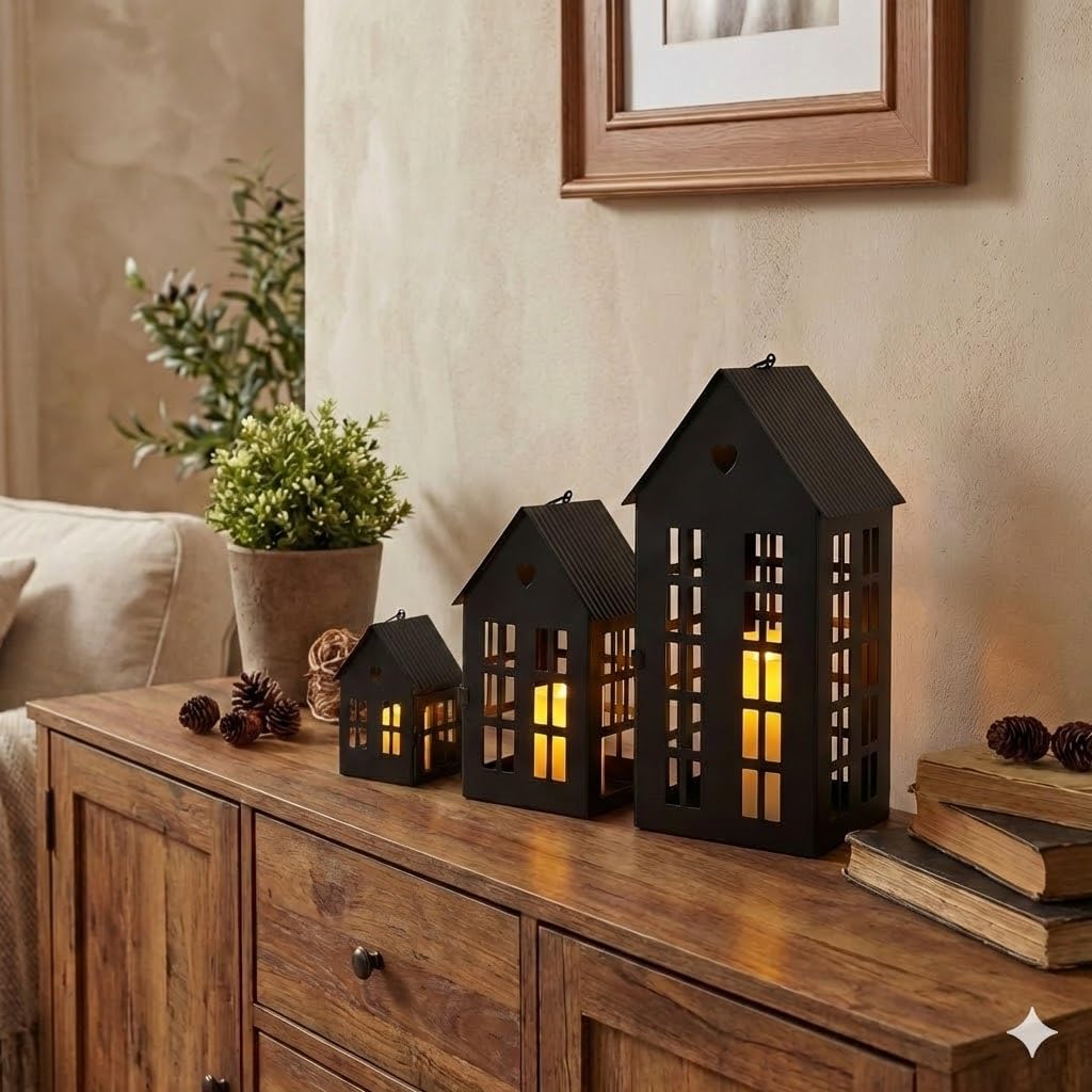 TRIROCKS Set of 3 Decorative Hanging Lanterns 13.5"&9.5"&5.5" H Gothic Street Town House Village Decor Candle Holders for Home Garden Yard Patio Gothic Parties Events Indoors Outdoors(Black)