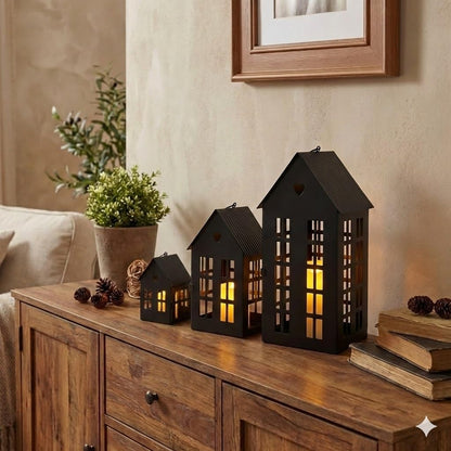 TRIROCKS Set of 3 Decorative Hanging Lanterns 13.5"&9.5"&5.5" H Gothic Street Town House Village Decor Candle Holders for Home Garden Yard Patio Gothic Parties Events Indoors Outdoors(Black)