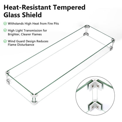 GRISUN Upgraded 30" x 10" Drop-in Fire Pit Kit with Glass Wind Guard & Lid, Linear Fire Pit Burner Pan, Stainless Steel Fire Pit Insert with Spark Ignition