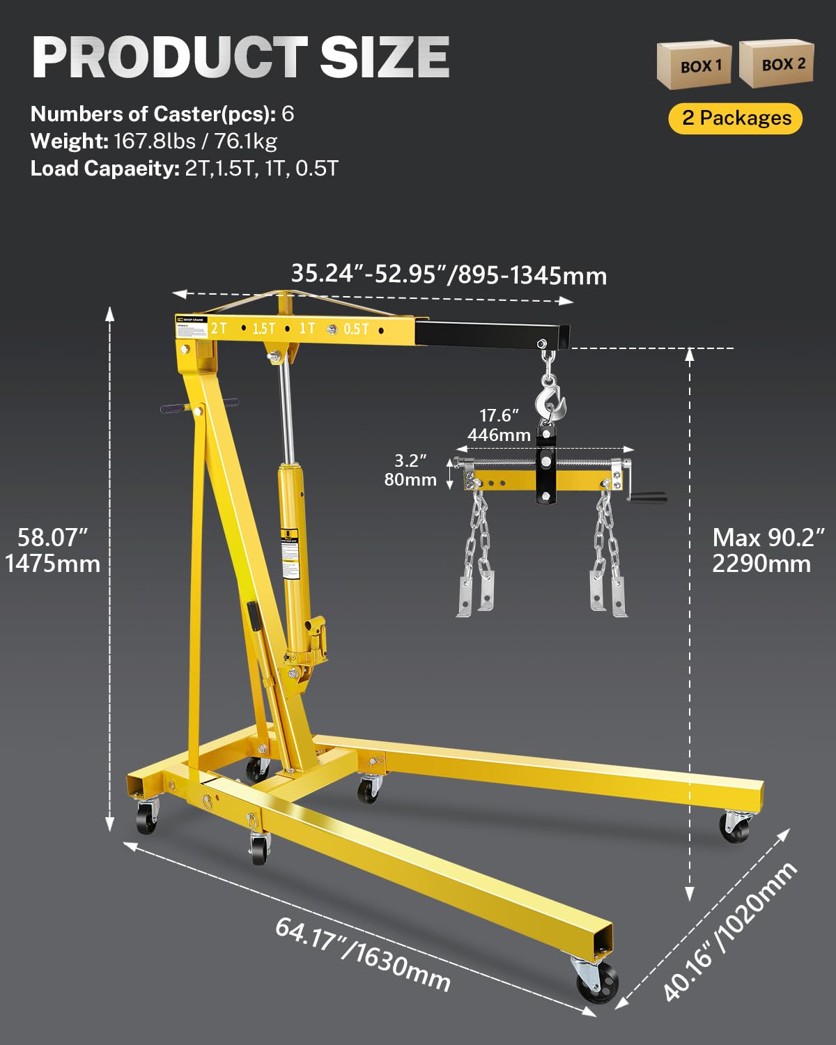 GarveeTech 2-Ton Folding Engine Hoist with Lever, Hydraulic Shop Crane with 6 Swivel Wheels & Adjustable Boom (0.5T-2T), Heavy-Duty Cherry Picker for Garage, Workshop, Truck, Farm (Net Wt. 168 Lbs)